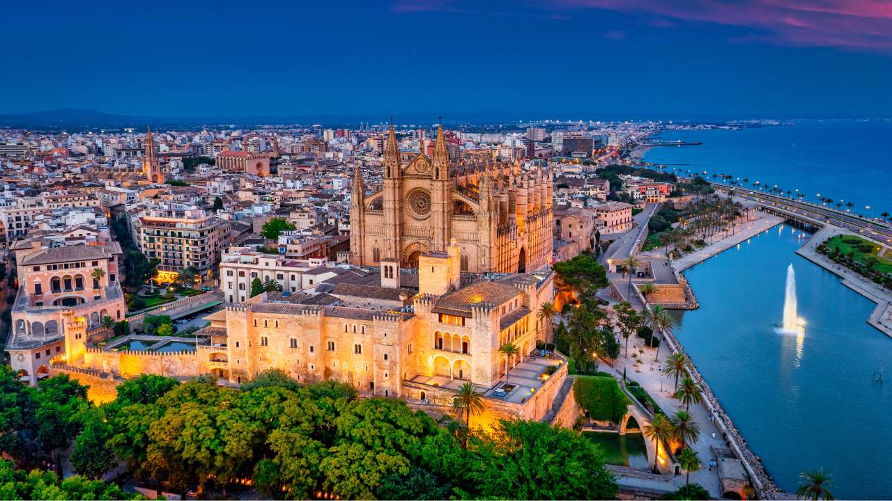 An aerial view of Palma de Mallorca with the cathedral in front.