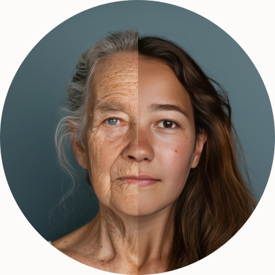 A generative AI-produced age progression of a young woman to an elderly woman.