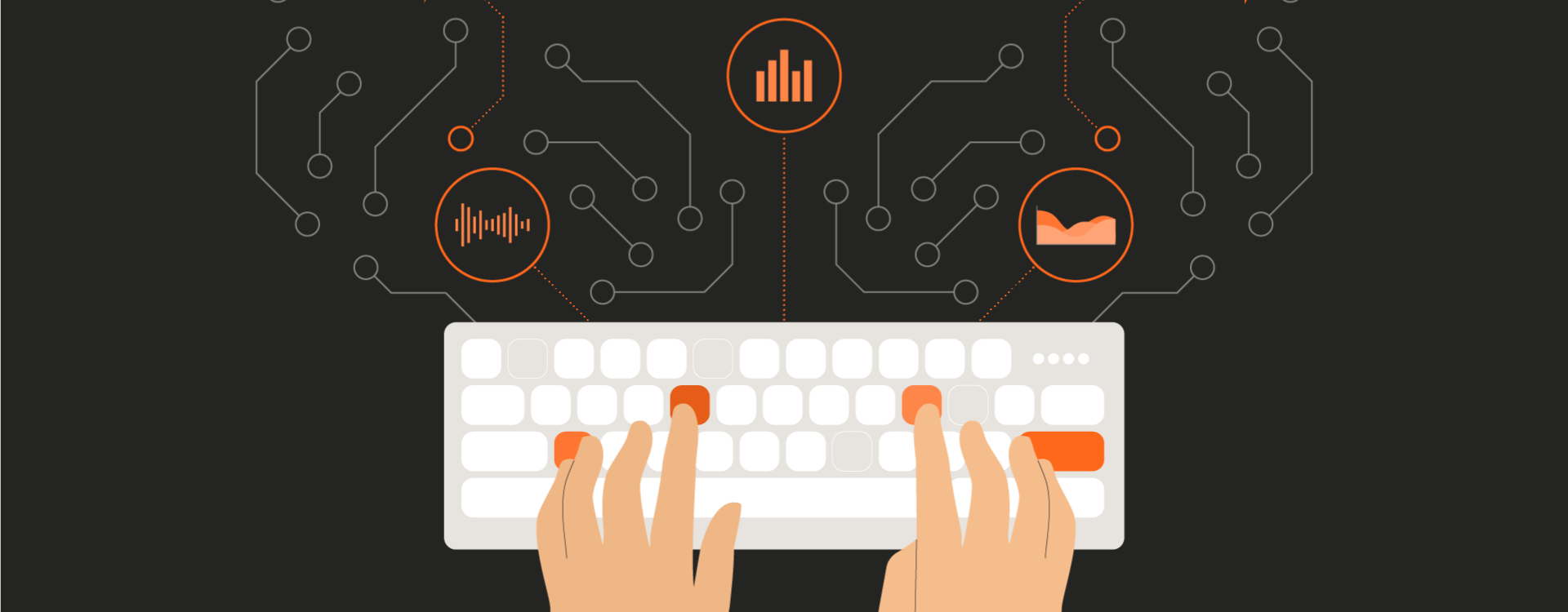 Hands on a keyboard with data icons connecting to one another. 