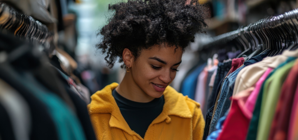 a woman shops in a second hand clothing store