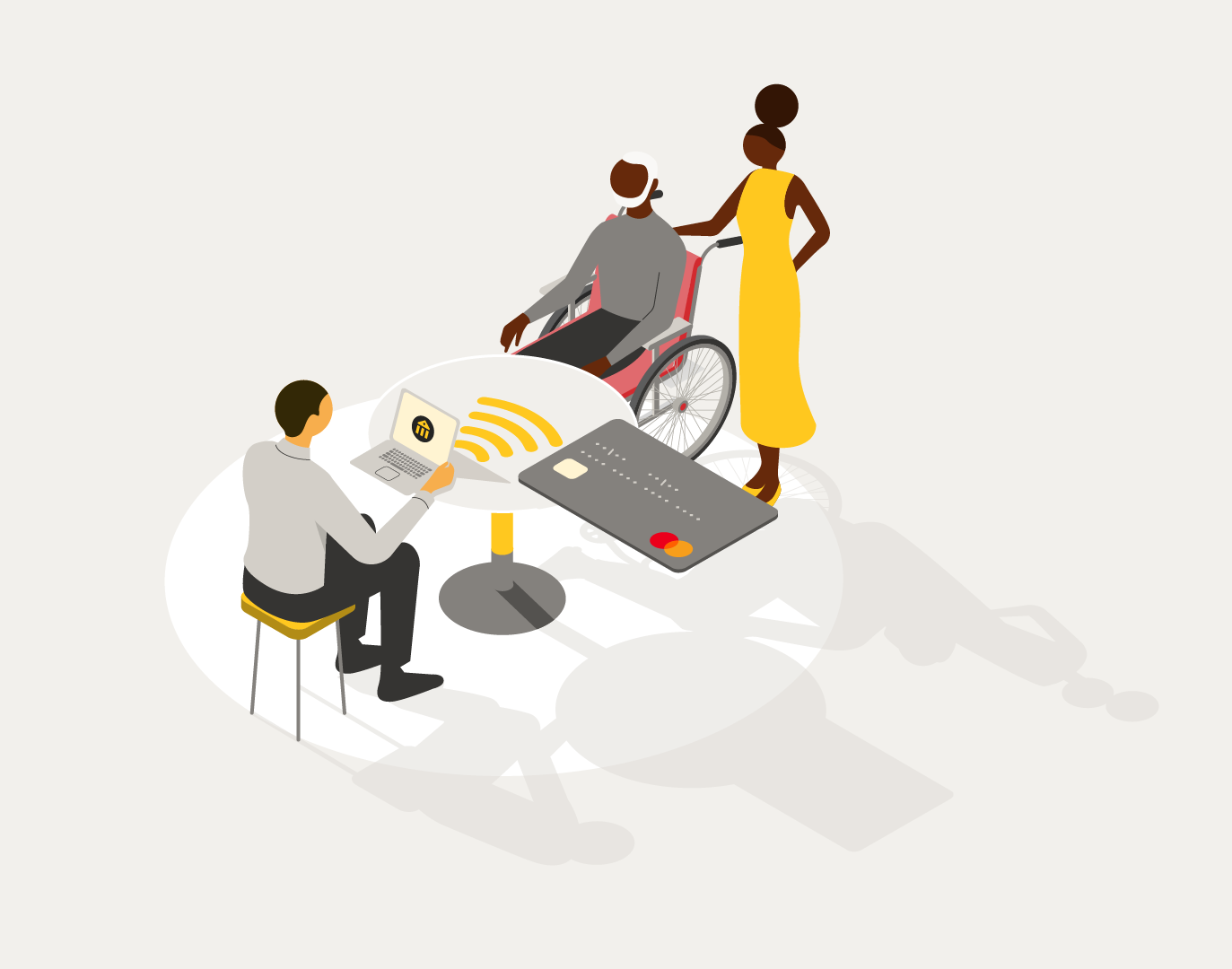 An illustration of a person in a wheelchair next to a person standing on the opposite side of the table of a person sitting with a laptop.