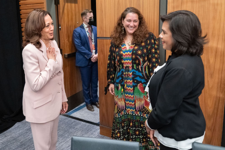 U.S. Vice President Kamala Harris, left, met with entrepreneur Pili Luna, right, at the Summit of the Americas in Los Angeles in June, with Celina de Sola, co-founder of Glasswing International, center.