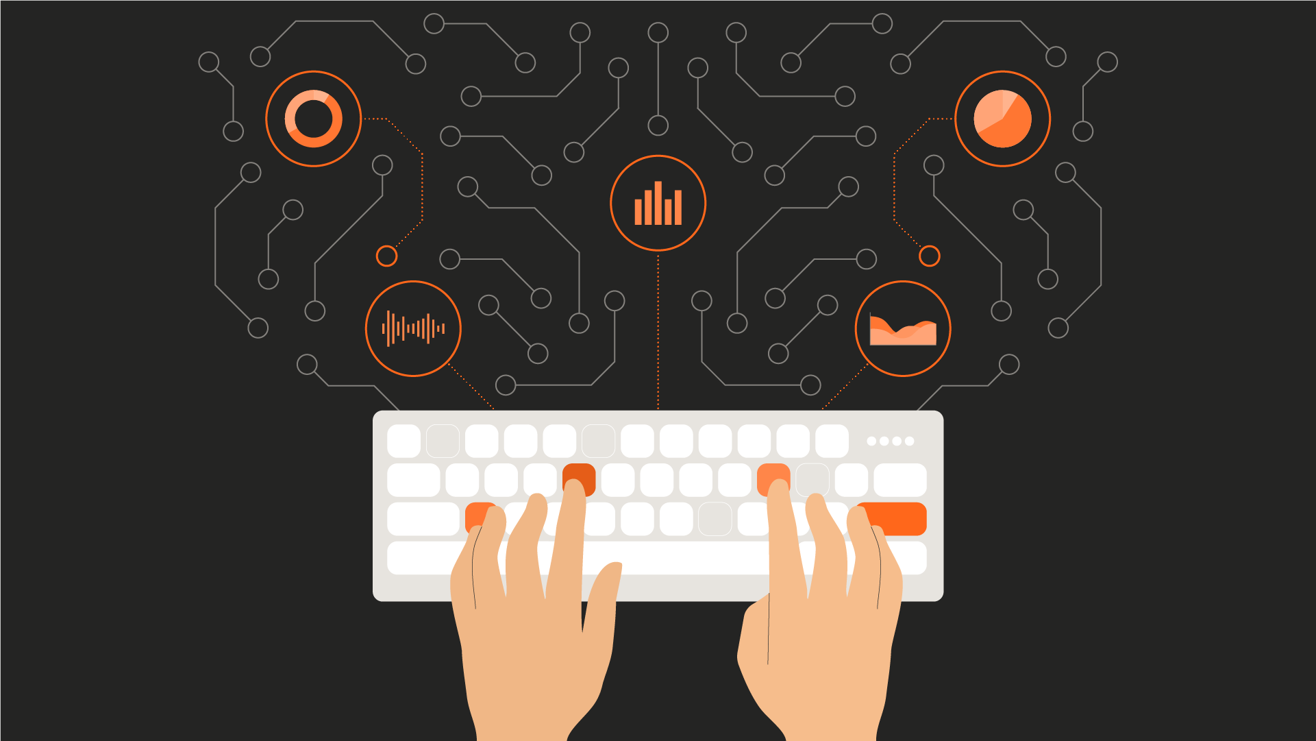 Illustration of hands on a keyboard with data icons making connections. 