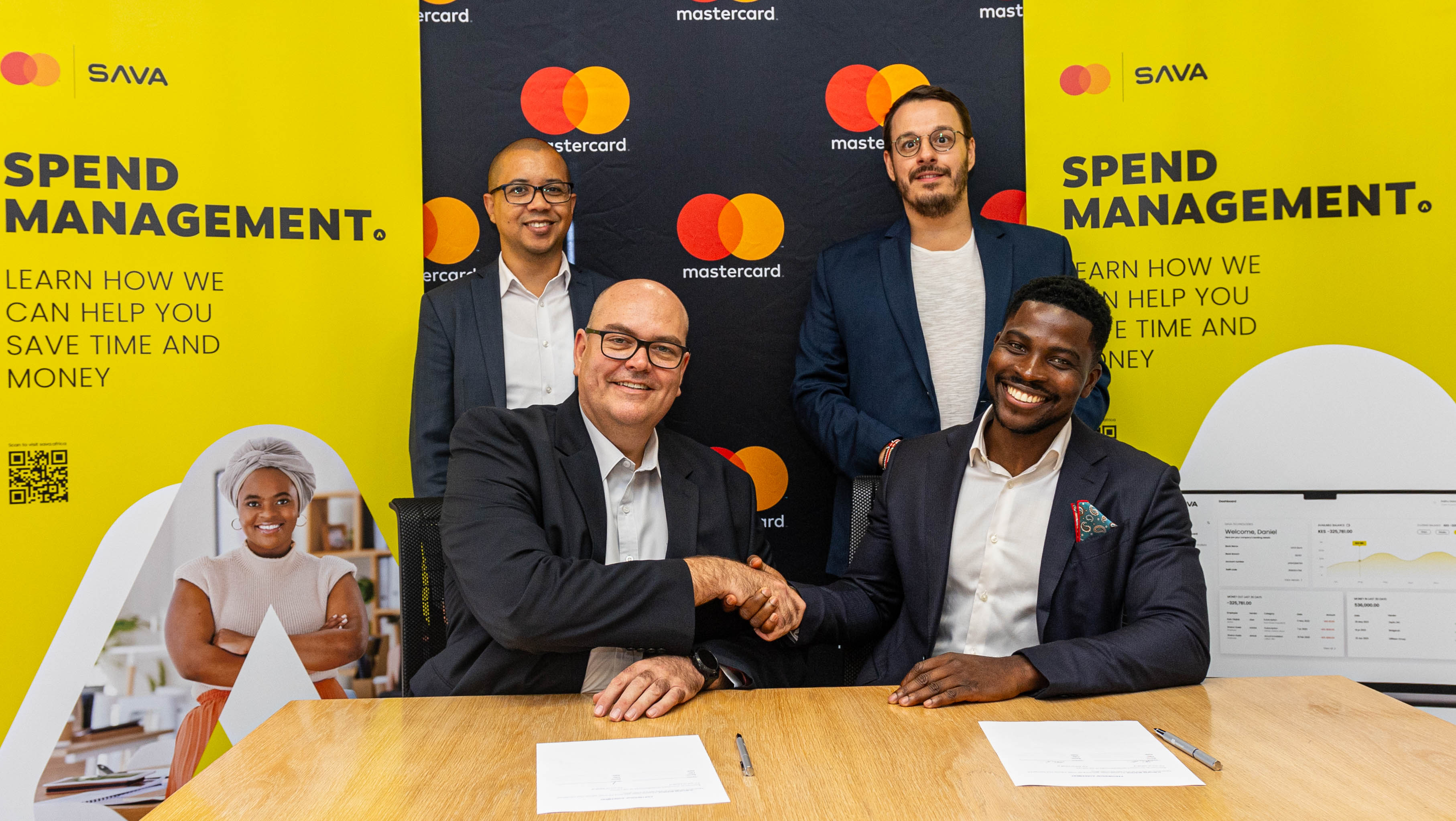 Back left: Robin van Reenen – Director Business Development, Mastercard Back right: Federico von Bary Landesmann – Co-founder, SAVA Front left: Gabriel Swanepoel – Country Manager Southern Africa, Mastercard Front right: Kola Olajide – CEO, SAVA