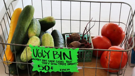 An ugly bin at a farmers market with imperfect fruit.