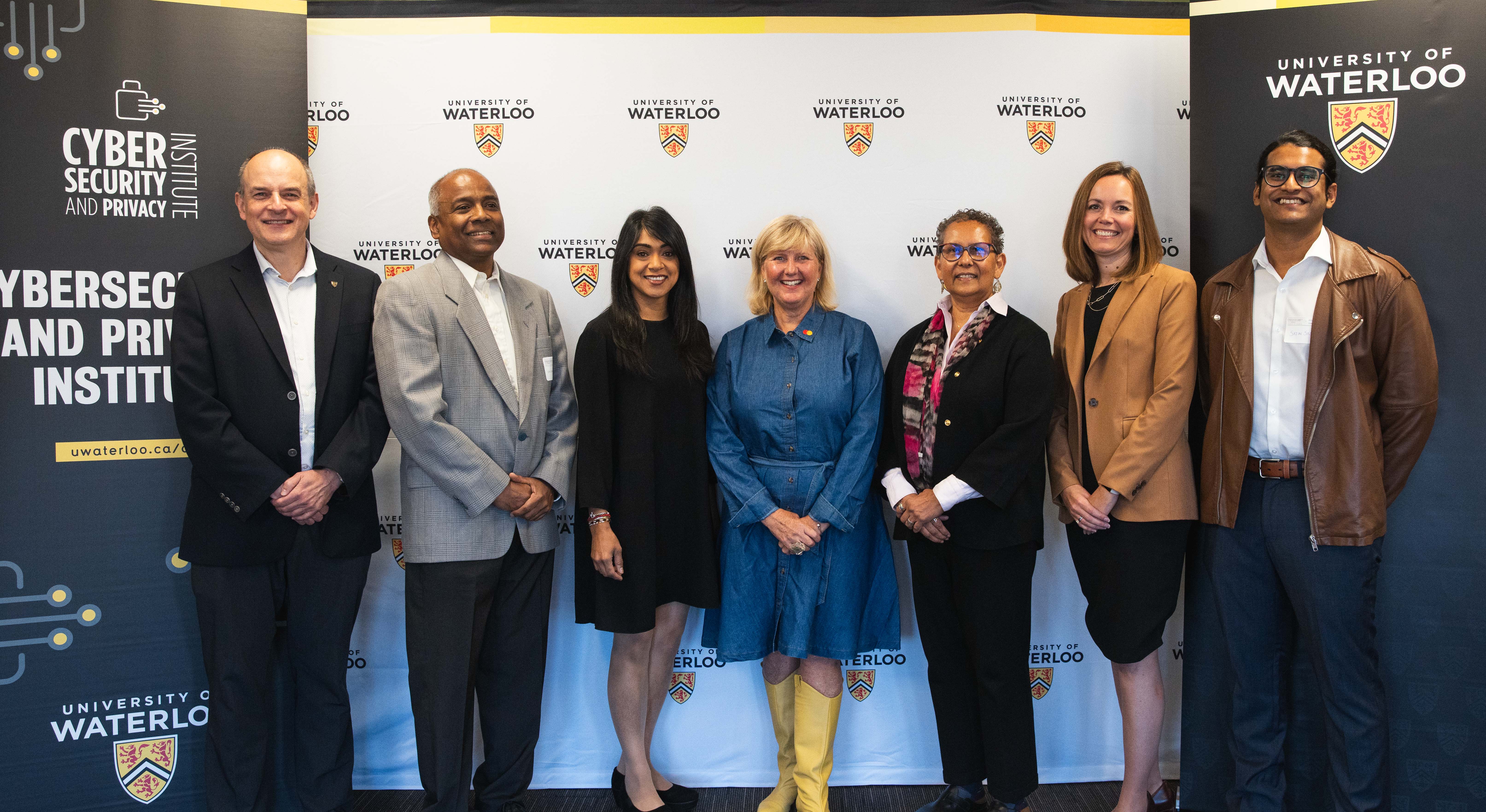 From left to right: Bernard Duncker, Associate Vice President, Research and International at the University of Waterloo, Professor N. Asokan, Executive Director, CPI, Professor at the Cheriton School of Computer Science at the University of Waterloo, the Honourable Bardish Chagger, Member of Parliament – Waterloo, Jennifer M. Sloan, Senior Vice President, Public Policy and Stakeholder Engagement at Mastercard in Canada, Bridget McMahon, Associate Vice President, Development Programs at the University of Waterloo, Sajin Sasy, Mastercard Graduate Excellence Scholarship Recipient at the University of Waterloo