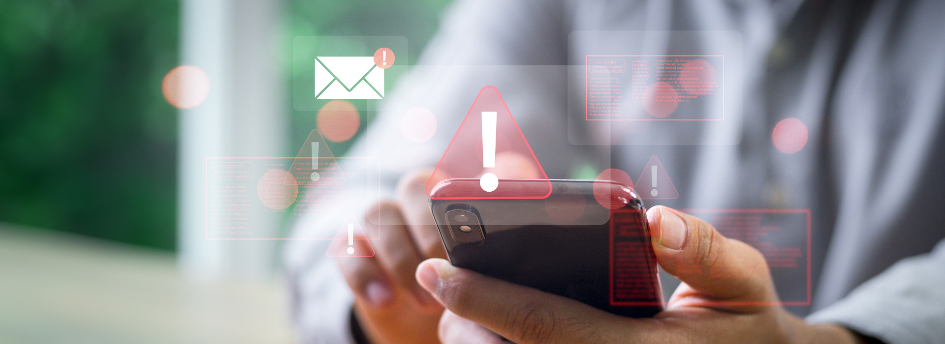 A person holds a smart phone with alerts overlaid on it.