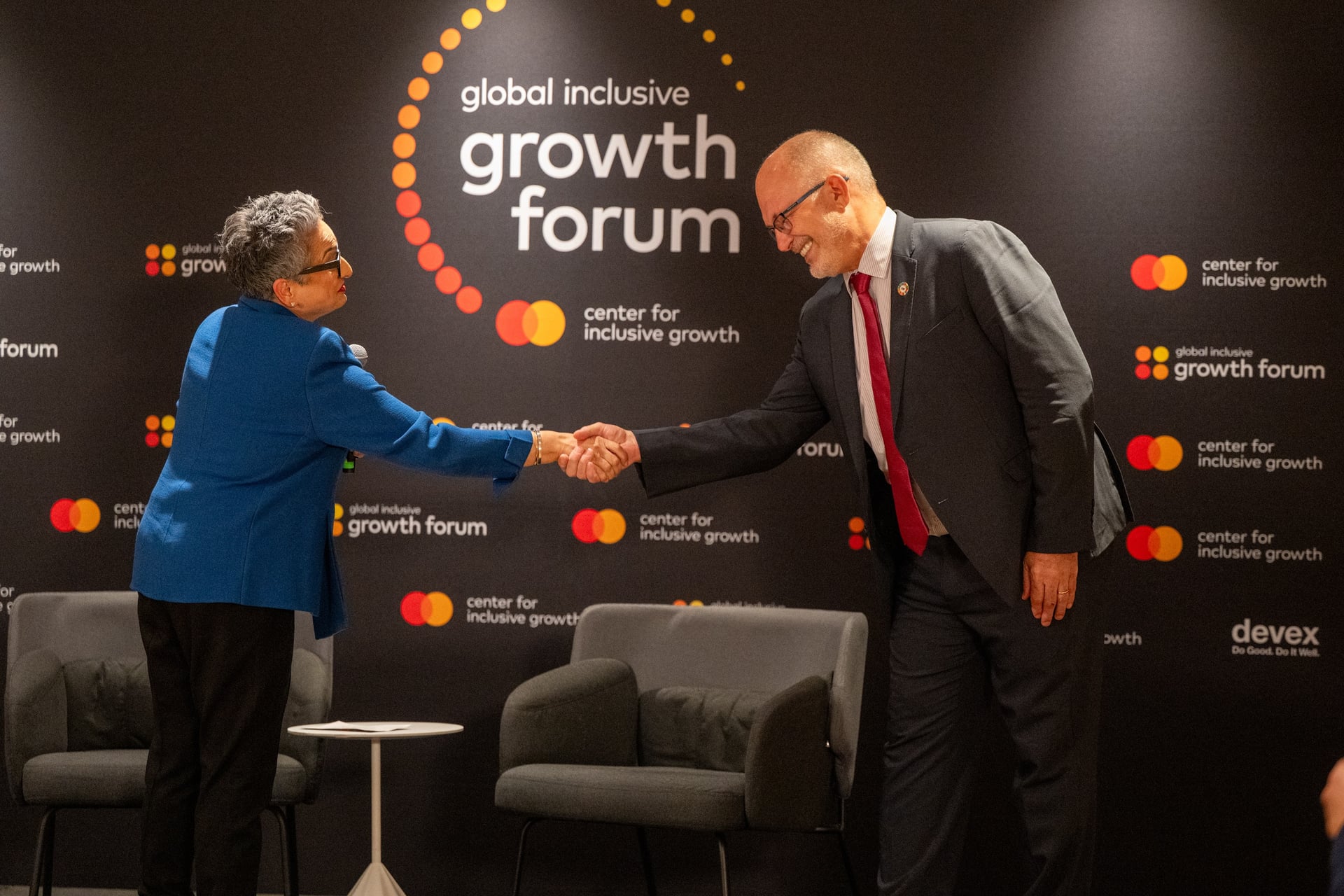 Shamina Singh, founder and president of the Mastercard Center for Inclusive Growth and Antonio Silveira, vice president of the private sector, CAF (development bank of Latin America and the Caribbean) at the 2026 Global Inclusive Growth Forum in Washington D.C. Photo credit: Kevin Allen